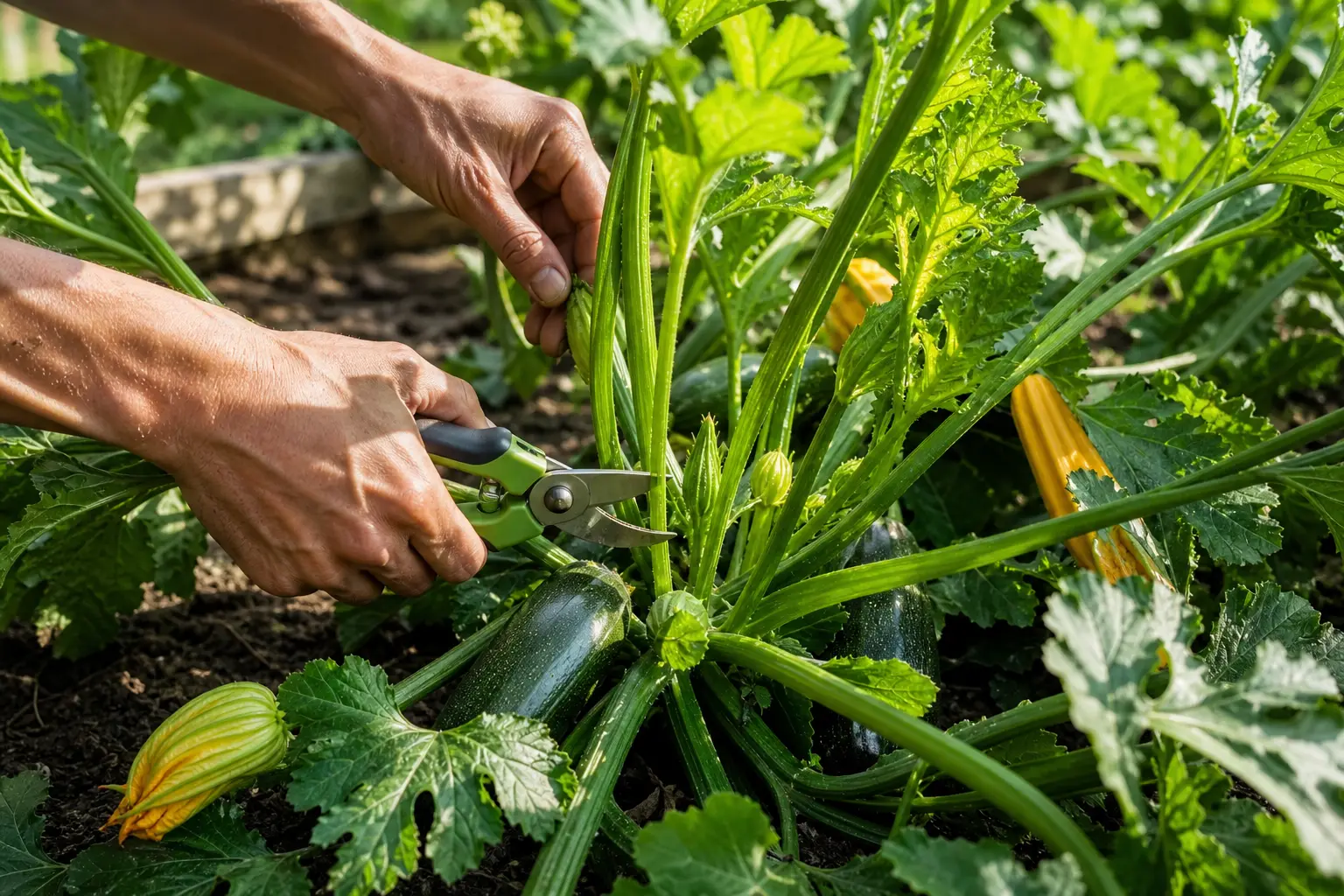 alt=Un jardinier taille des plants de courgettes pour favoriser une meilleure croissance et production de fruits