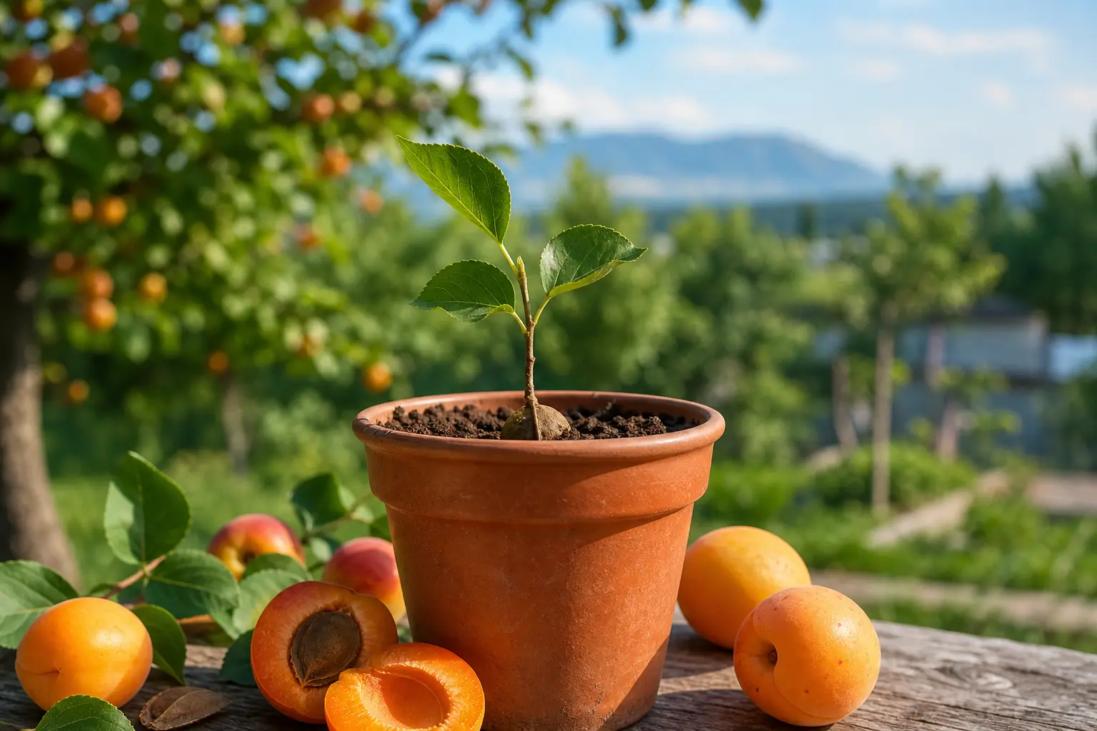 alt=Abricotier en croissance à partir dun noyau dabricot planté dans un sol fertile