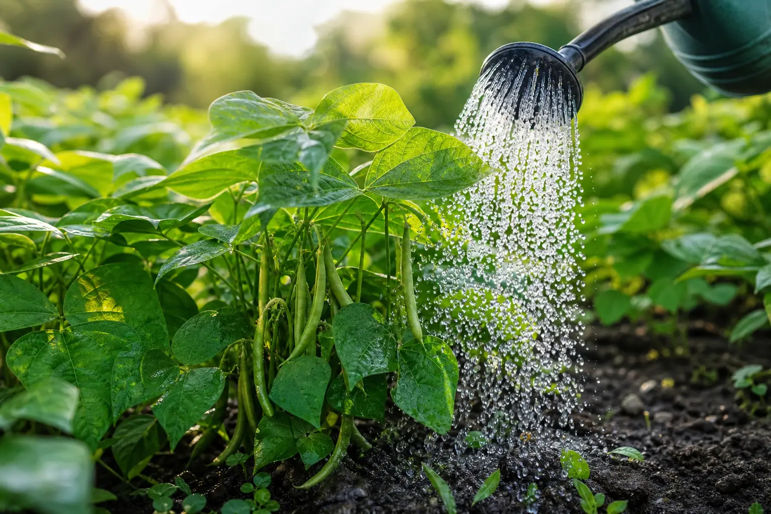 alt=Illustration dune main arrosant des plants de haricots verts dans un jardin