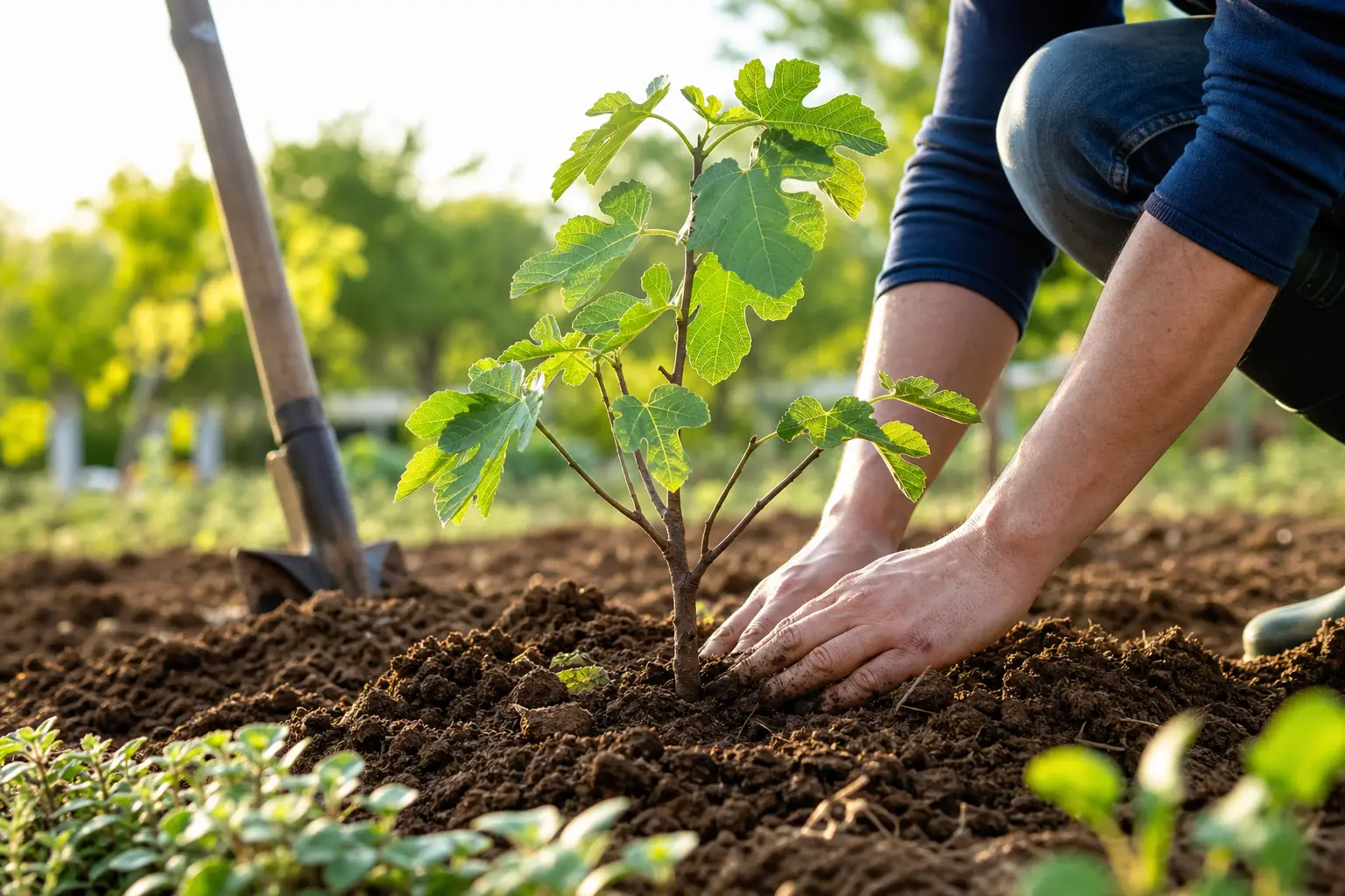 alt=Un jardinier plante un jeune figuier au printemps sous un ciel ensoleillé