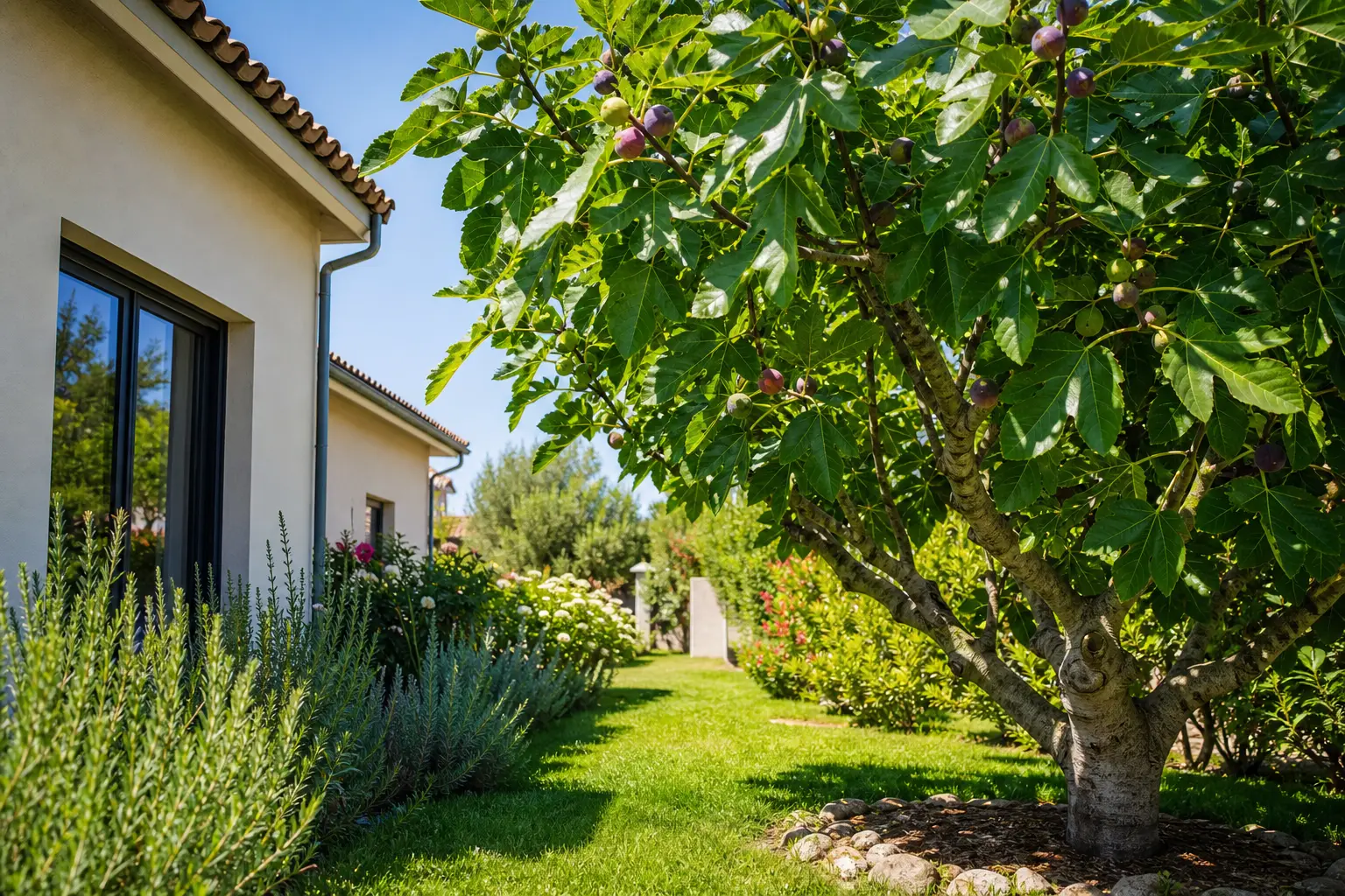 alt=Schéma distance recommandée entre un figuier mature et une maison